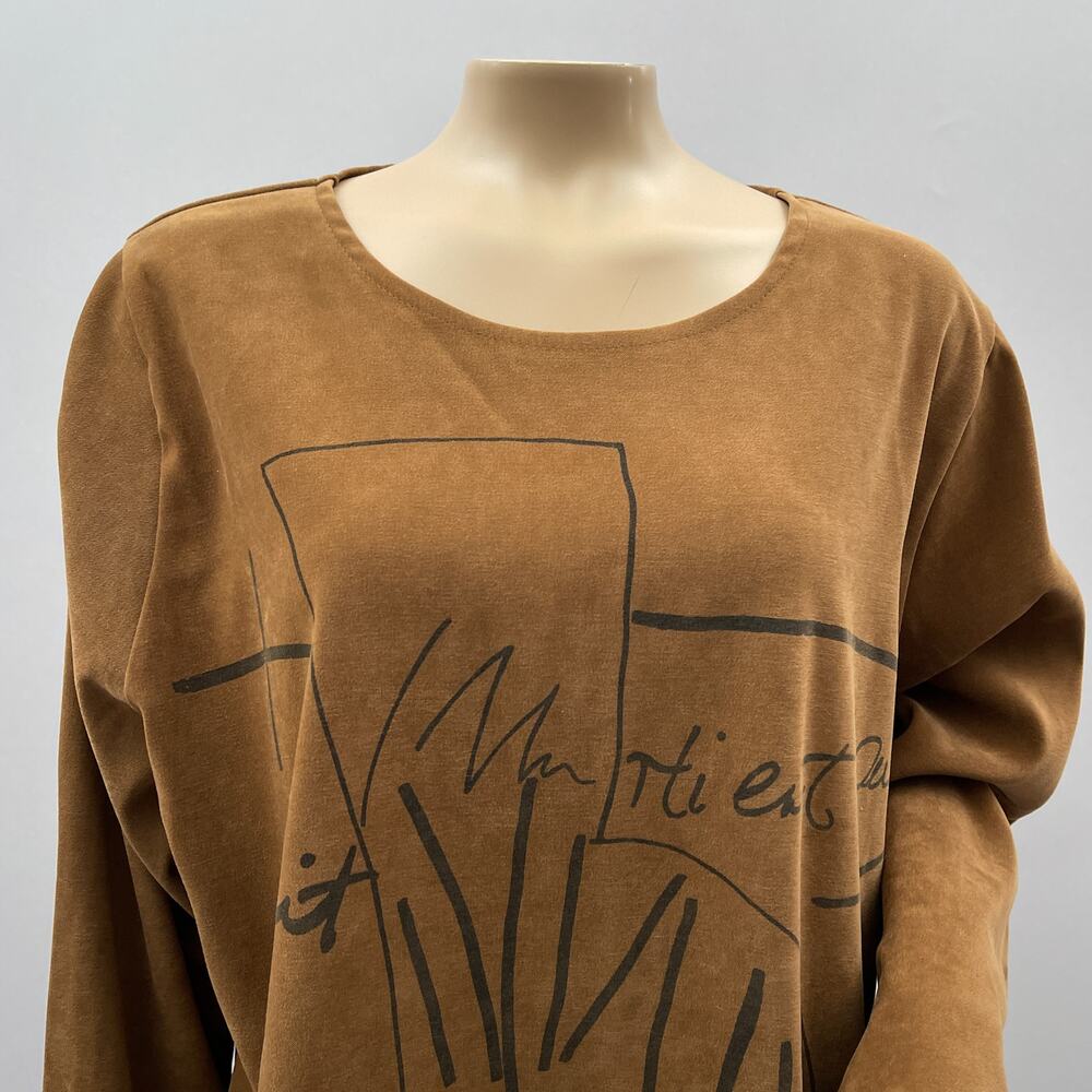 AHNI USA Top Womens 3 / XL Brown Microsuede Artsy Graphic Asymmetrical Hem Boho - Picture 2 of 11